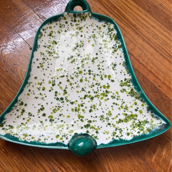 Vintage 1968 Atlantic Mold Christmas Bell Green & White Splatter Tray Platter - Picture 3 of 7